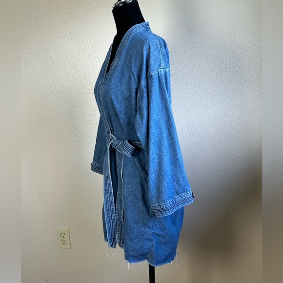 GRLFRND Womens Kate Robe Denim Jean Wrap Mini Raw-Edge-Hem Dress - Picture 3 of 7